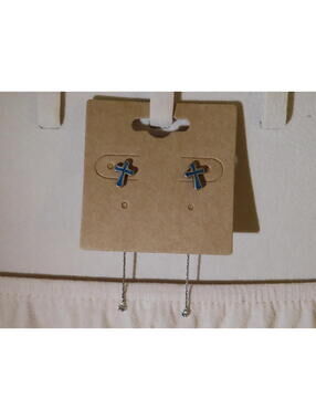 Blue Teal Cross Chain Drop Earrings - Silver Posts